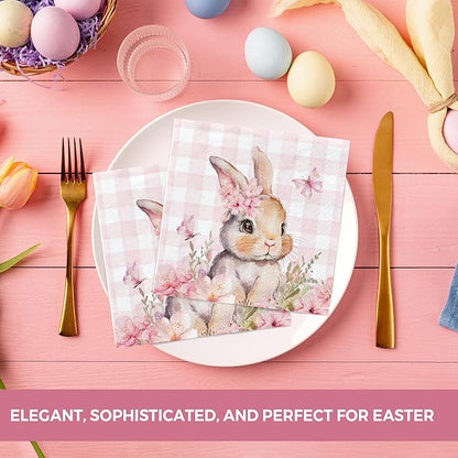 Cute Pink Bunny Paper Napkins, 3-Ply, 6.5 x 6.5 Inch, Disposable Rabbit Cocktail Napkins for Decoupage, Spring Holiday, Dinner Party, Wedding, Baby Shower, Birthday Party Decorations