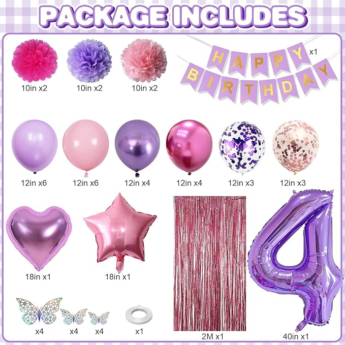 Pink Purple 4th Birthday Party Decorations for Girls Number 4 Balloon Happy Birthday Banner Butterfly Stickers Fringe Curtain Paper Pom Poms Metallic Hot Pink Star Foil Balloons 4 Year Old Princess