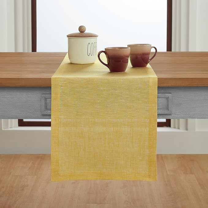 Solino Home Linen Table Runner 144 Inches Long - Athena, 100% Pure Linen Chambray Lemon Yellow Table Runner 14 x 144 Inch for Dining