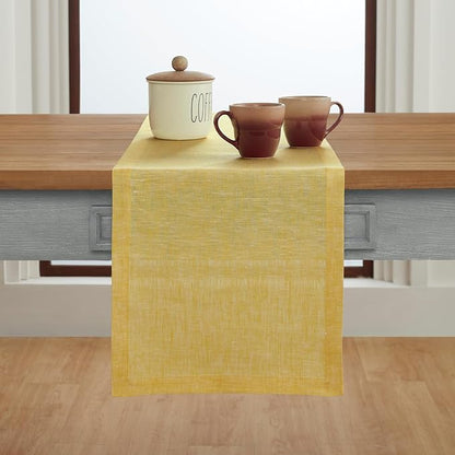 Solino Home Linen Small Table Runner 36 Inches - Athena, 100% Pure Linen Chambray Lemon Yellow Table Runner 14 x 36 Inch Ideal for Dresser and Coffee Tables