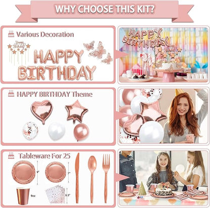 285 Pcs Rose Gold Party Decorations, Birthday Decorations For Women Or Girl - Knives, Forks and Spoons, Tiara, Butterfly, Sash, Paper Pom Poms, Balloon Stand, Tableware For 25 Guests