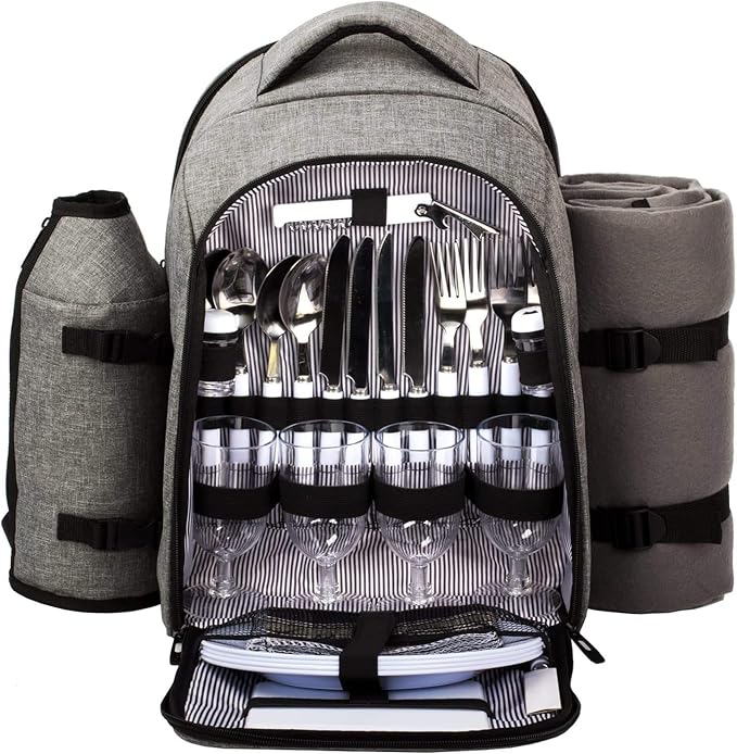 Hap Tim Picnic Basket Backpack for 4 Person with Insulated Cooler Compartment, Wine Holder, Fleece Blanket, Cutlery Set, Engagement Gifts for Couples, Bridal Shower Gift, Wedding Registry Gifts (3263)