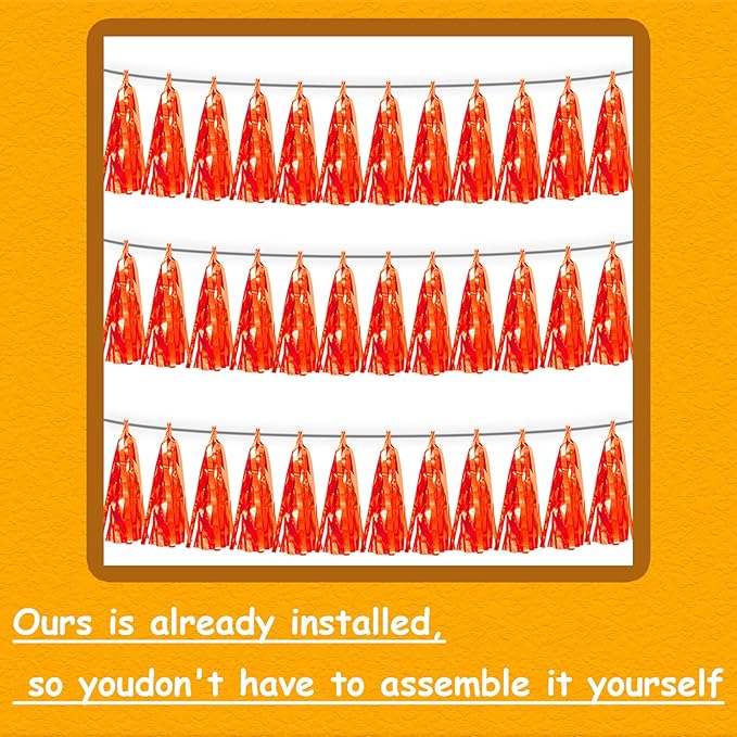 3P Orange Tassel Banner Garland Metallic Foil Fringe Banner Tinsel Tassels Streamer Banner Backdrop for Parade Floats, Graduation Decorations, Father's Day, Fall, Thanksgiving Party Decoration
