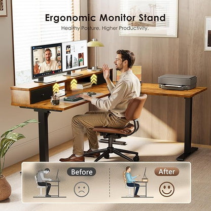 Casaottima 59 Inch Electric L-Shaped Standing Desk with Drawers, Height Adjustable Stand Up Corner Desk with Monitor Stand, Lift Table for Home, Office, Workstation, Rustic Brown