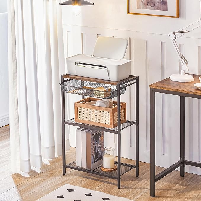 HOOBRO 28.7 Inch Tall Side Table, 3-Tier Industrial Telephone End Table with Adjustable Metal Mesh Basket, Desk Side Table with Storage Shelves, for Living Room, Bedroom, Rustic Brown BF06DH01