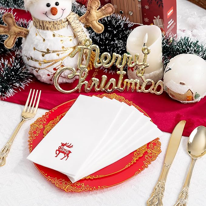 50 Pack Christmas Deer Paper Napkins - Christmas Red Dinner Napkins - Cloth-like Disposable Hand Towels for Xmas Holiday Table Bathroom Decor Party