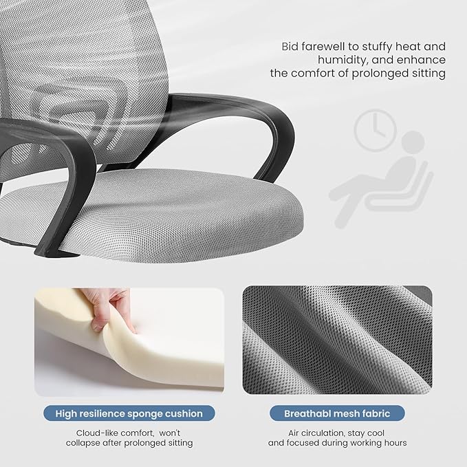 DUMOS Home Office Chair - Ergonomic Mid Back Mesh Desk Chair with Lumbar Support & Rocking Mode, Height Adjustable with Fixed Armrest, for Computer, Gaming, Meeting, Grey, 2 Pack
