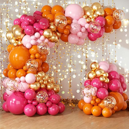 Pink and Orange Balloons Arch Kit - 164pcs Hot Pink and Orange Metallic Gold Confetti Balloons in Different Size 18 12 10 5inch for Summer Tropical Birthday Sunset Party Graduation Decorations