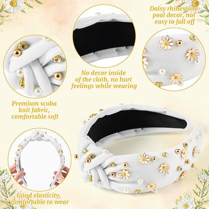 PANTIDE Daisy Jeweled Knotted Headband - Rhinestone Crystal Beads Embellished Headband Wide Top Knot Fashion Hairband Hair Accessories Spring Summer Birthday Holiday Gift for Women Girls (White)