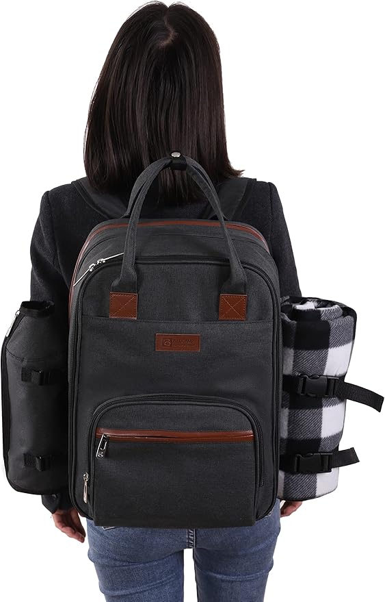 ALLCAMP OUTDOOR GEAR Picnic Backpack for 2 Person Set W/Detachable Bottle/Wine Holder, Fleece Blanket, Plates and Cutlery Set (Black)