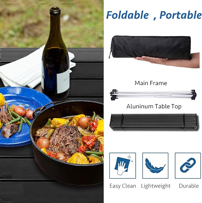 Grope Portable Camping Table with Aluminum Table Top, Folding Beach Table Easy to Carry, Prefect for Outdoor, Picnic, BBQ, Cooking, Festival, Beach, Home (Black-L)