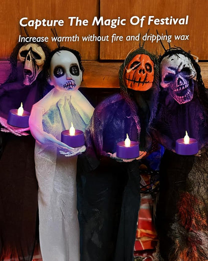 Purple LED Candles, 24 Pack Tea Lights Candles Battery Operated, Flameless Tealight Candle, Realistic Tea Lights for Halloween Christmas Party Decor Mardi Gras