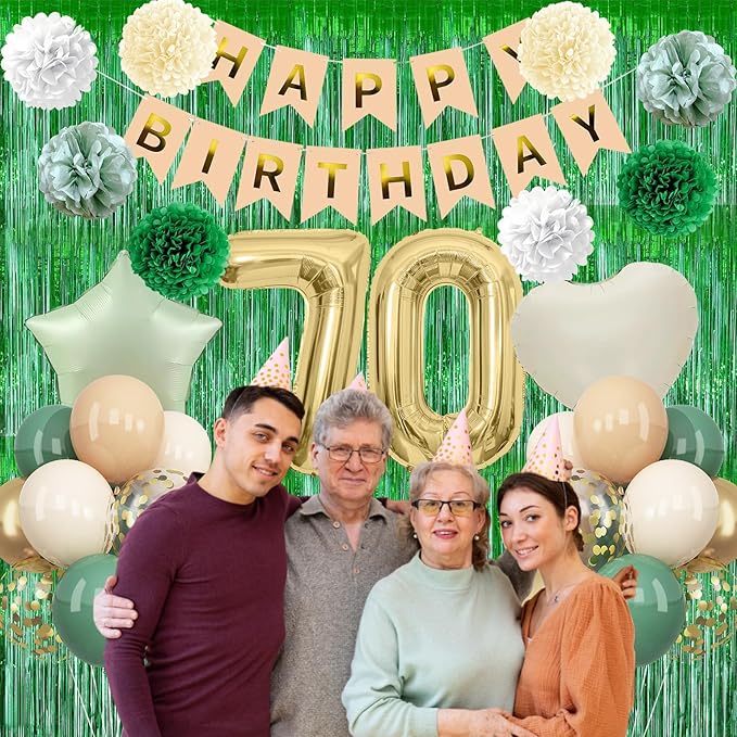 Sage Green 70th Birthday Decorations for Men Gold Number 70 Balloon Nude Gold Happy Birthday Banner Fringe Curtain Paper Pom Poms Olive Green Cream White Sand Star Foil Balloons Party Decor