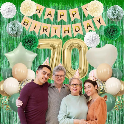 Sage Green 70th Birthday Decorations for Men Gold Number 70 Balloon Nude Gold Happy Birthday Banner Fringe Curtain Paper Pom Poms Olive Green Cream White Sand Star Foil Balloons Party Decor