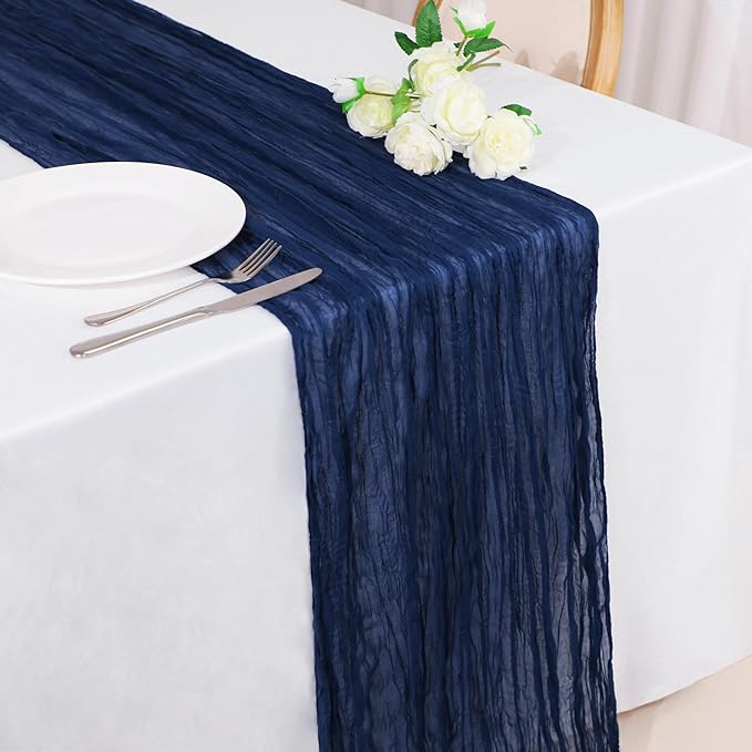 Snowkingdom 10 Ft Navy Blue Cheesecloth Table Runner, 120 inch Long Cheese Cloth Boho Gauze Runner for Christmas Wedding Bridal Baby Shower Birthday Holiday Party Sheer Table Decorations