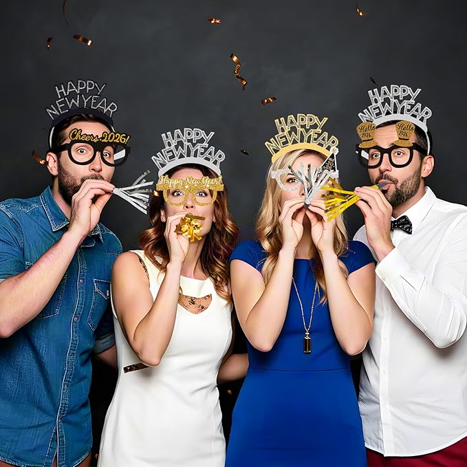 36 Pcs New Years Eve Party Supplies 2026 - New Years Decorations Set, Silver Gold Black Happy New Year Headband Tiara Glasses Noise Makers Bulk for Adults Kids New Year's Gifts Party Favors Decor