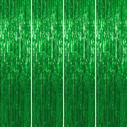 Thicken Green Streamers 4 Pack 3.2 x 8.2 FT, Tinsel Backdrop Curtains, Foil Fringe Photo Backdrop for Birthday, Dinosaur, Football, Jungle, Christmas, Golf Party Decorations