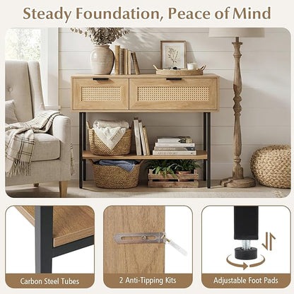Giantex Rattan Console Table with Storage, 40" Boho Entryway Table w/ 2 Flip Door Cabinets & Shelf, Metal Frame, 2 Anti-Tipping Kits, Narrow Long Behind Couch Sofa Table for Entrance Hallway, Natural