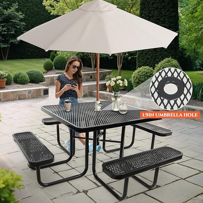47'' Heavy-Duty Metal Picnic Tables with Umbrella Hole, Outdoor Steel Heavy Duty Commercial Grade Black Table, Outdoor Bench Set for Lawn, Patio, Park, Yard, Garden, Porch (Set A, Square)