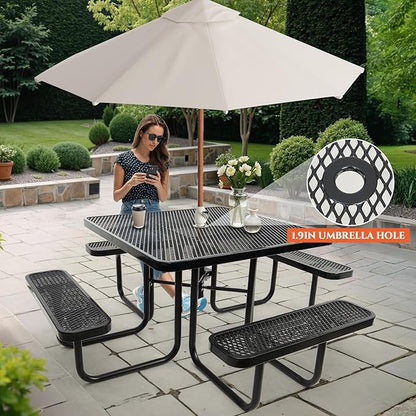 47'' Heavy-Duty Metal Picnic Tables with Umbrella Hole, Outdoor Steel Heavy Duty Commercial Grade Black Table, Outdoor Bench Set for Lawn, Patio, Park, Yard, Garden, Porch (Set A, Square)