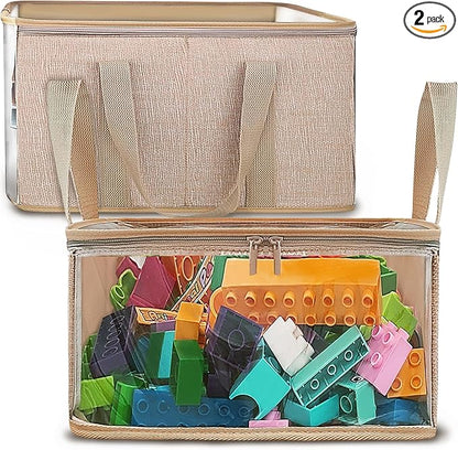 holay 2 Pack Storage Bins PVC Boxes with Transparent Lid & Handles - Durable & Foldable - Multi-Purpose Organizer for Clothes, Books, and More (Brown, Medium)