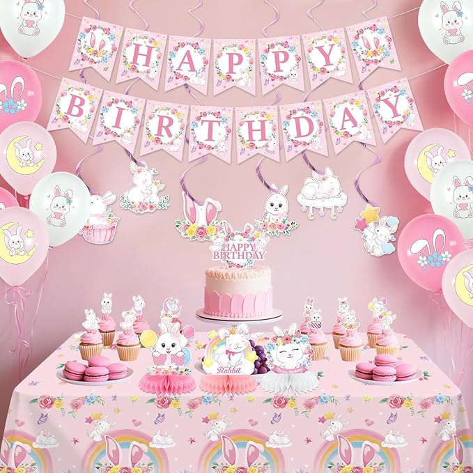 Pink Bunny Birthday Party Decorations for Gilrs - Rabbit Party Supplies including Happy Birthday Banner, Spirals, Cake Toppers, Table Centerpieces, Balloons (LQ)