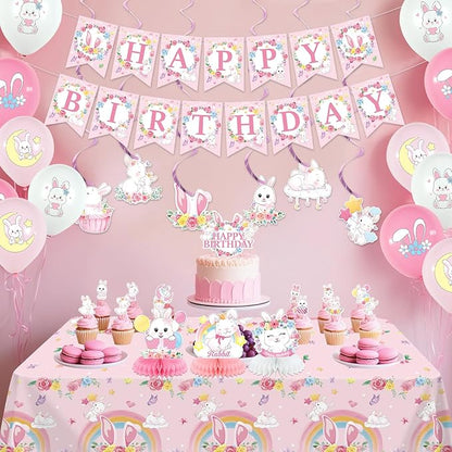Pink Bunny Birthday Party Decorations for Gilrs - Rabbit Party Supplies including Happy Birthday Banner, Spirals, Cake Toppers, Table Centerpieces, Balloons (LQ)