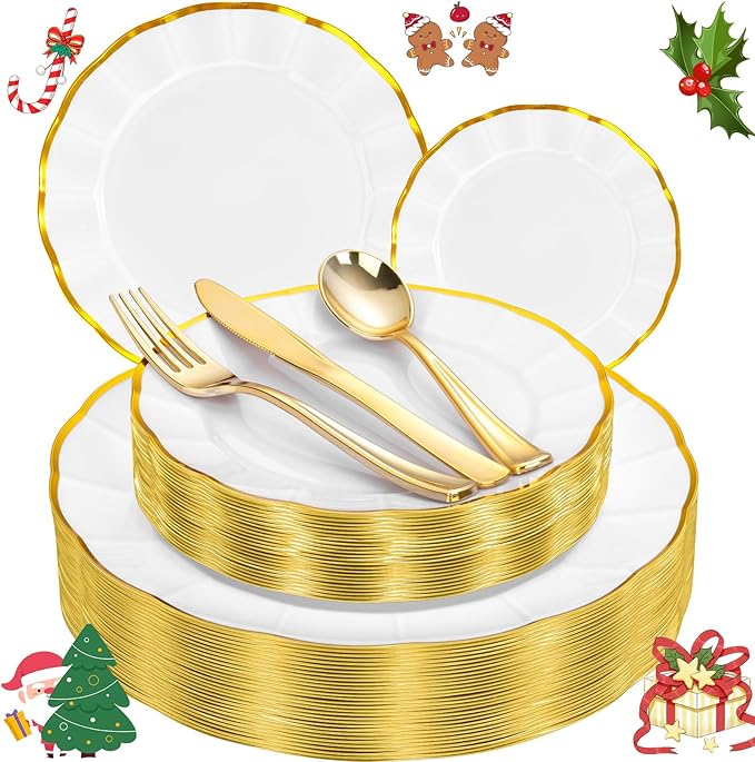 EI 150pcs White Plastic Plates with Gold Plastic Silverware,Disposable Plate Heavy Duty,White Dinnerware Set,Elegant Plates for Party,Wedding,Thanksgiving,Christmas,New Year