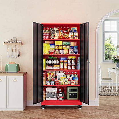 Letaya Metal Garage Storage Cabinets with Lock Door and Adjustable Shelves, Steel Tool Cabinets for Home,Office,Warehouse Organisieren (Black Red, 75" H)