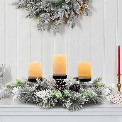 Christmas Centerpiece Table Decorations, Handcrafted Snowy Pine Cones and Pine Needles with 3 Candle Holders for Dining Table Fireplace Mantel - 27.5 in
