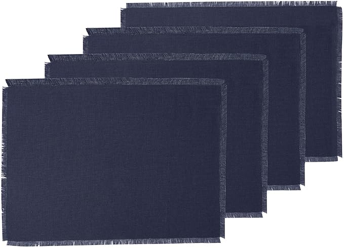 Solino Home Linen Navy Blue Placemats Set of 4-100% Pure Linen Placemats 14 x 19 Inch for Fall, Autumn, Christmas, Holiday, Winter, New Year - Fringe