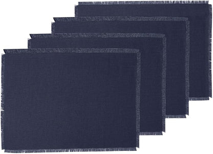 Solino Home Linen Navy Blue Placemats Set of 4-100% Pure Linen Placemats 14 x 19 Inch for Fall, Autumn, Christmas, Holiday, Winter, New Year - Fringe