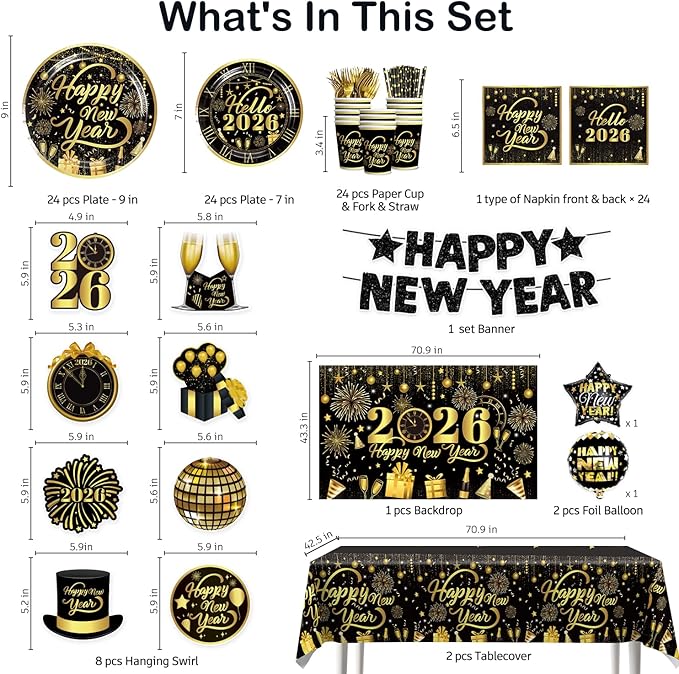 New Years Decorations 2026, New Years Eve Party Banner Backdrop, Foil Balloons, Hanging Swirls, Happy New Year Plates and Napkins Gold and Black Nye Party Decorations New Year's Eve Party Supplies