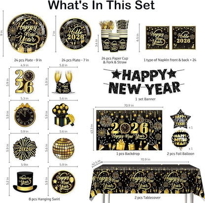New Years Decorations 2026, New Years Eve Party Banner Backdrop, Foil Balloons, Hanging Swirls, Happy New Year Plates and Napkins Gold and Black Nye Party Decorations New Year's Eve Party Supplies