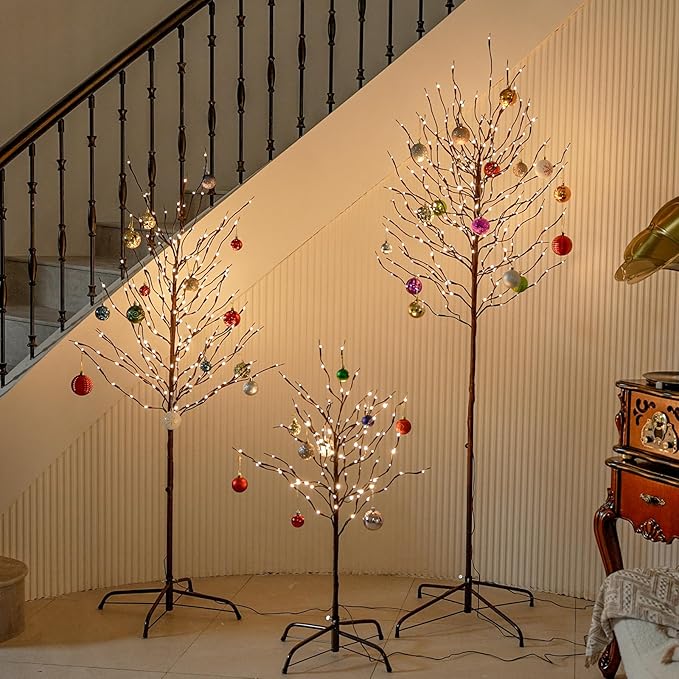 3ft & 5ft & 6ft Twinkling Twig Trees Set, with Warm White Lights, Indoor Outdoor Christmas & Wedding Decor(3 Sizes Pack)