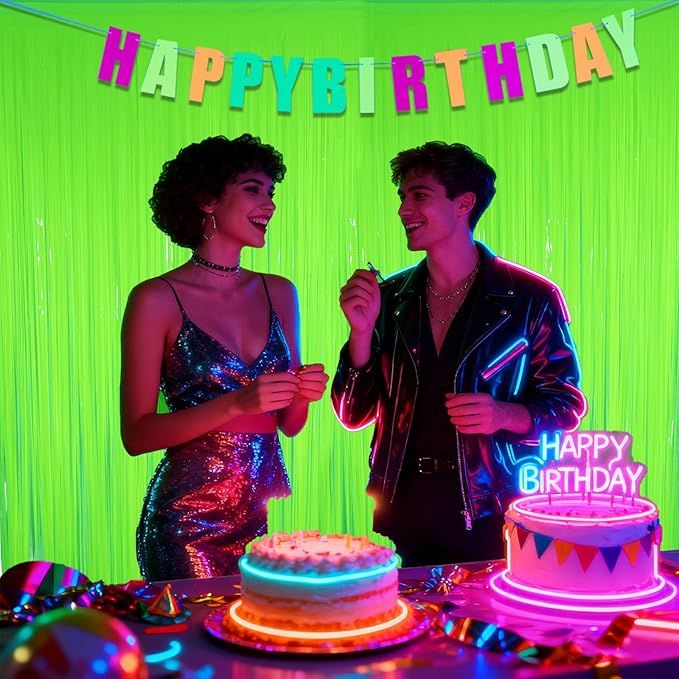 Glow in The Dark Party Supplies, 2 Pack Neon Party Decorations 6.6 x 6.6 ft Fluorescent Macaron Green Tinsel Foil Fringe Curtains, Photo Booth Prop Backdrop UV Blacklight Luminous Streamer