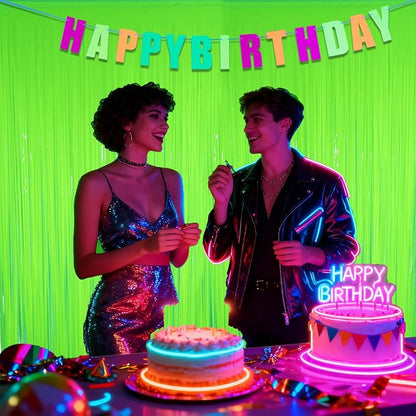 Glow in The Dark Party Supplies, 2 Pack Neon Party Decorations 6.6 x 6.6 ft Fluorescent Macaron Green Tinsel Foil Fringe Curtains, Photo Booth Prop Backdrop UV Blacklight Luminous Streamer