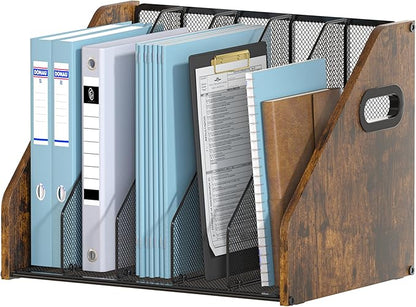 Piskyet Binder Organizer for Desk,Wooden Desk Magazine File Holder with 5 Vertical Compartments Rack File Organizer for Teacher Office Desktop,Home Workspace