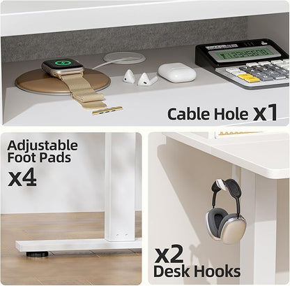 TIQLAB Standing Desk with Two Drawers, Stand Up Standing Desk Adjustable Height, Electric Sit Stand Table with Storage Shelf and Splice Board, 55 * 24 inch, White Wicker