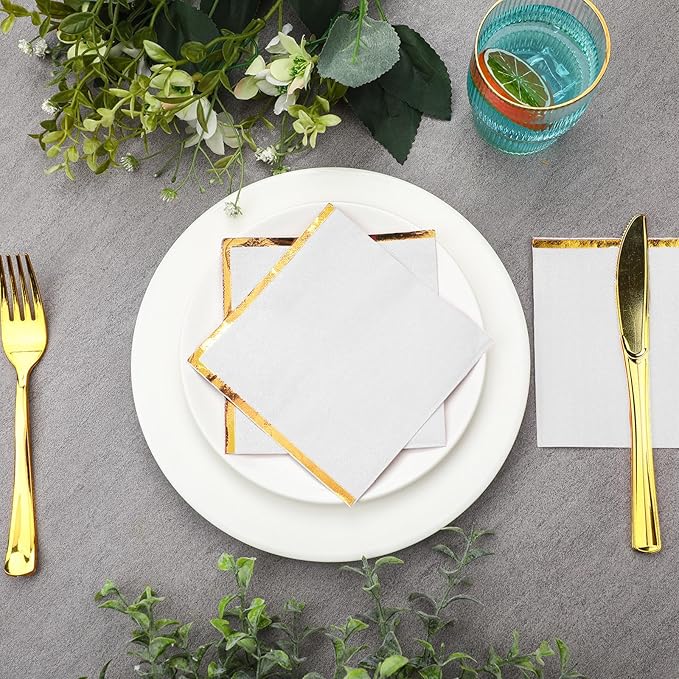 Fulmoon 200 Pcs Paper Napkins with Gold Foil Edge 2 Ply Cocktail Napkins Soft Disposable Golden Trim Lined Dinner Napkins Decorative Cocktail Napkin Paper for Wedding Birthday Anniversary (White)