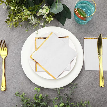Fulmoon 200 Pcs Paper Napkins with Gold Foil Edge 2 Ply Cocktail Napkins Soft Disposable Golden Trim Lined Dinner Napkins Decorative Cocktail Napkin Paper for Wedding Birthday Anniversary (White)