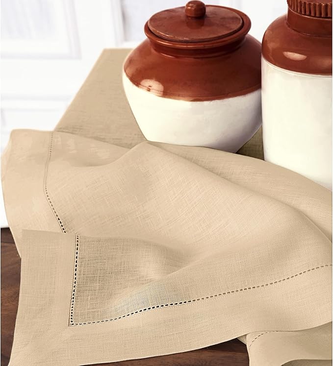 Solino Home Linen Napkins Set of 4 - Classic Hemstitch 100% Pure Linen Beige Dinner Napkins Cloth 20 x 20 Inch for Fall, Autumn, Christmas, New Year - Handcrafted and Machine Washable