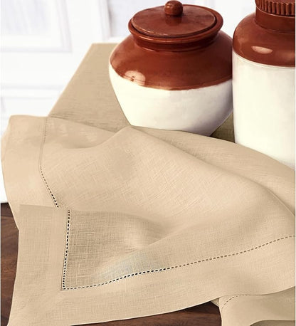 Solino Home Linen Napkins Set of 4 - Classic Hemstitch 100% Pure Linen Beige Dinner Napkins Cloth 20 x 20 Inch for Fall, Autumn, Christmas, New Year - Handcrafted and Machine Washable