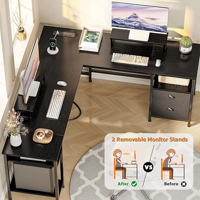Furologee 66” L Shaped Desk with Power Outlet, Reversible Computer Gaming Desk with File Drawer & 2 Monitor Stands for Home Office with Storage Shelves, Black