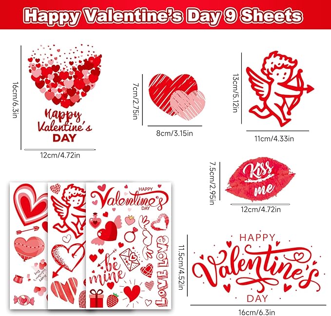 Valentines Day Window Clings Decorations, Red Heart Stickers Decor, Happy Valentine's Cupid Gifts for Home Office Kids Classroom, Pink Wedding Romantic Decals Décor, 9 Sheets