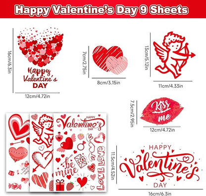 Valentines Day Window Clings Decorations, Red Heart Stickers Decor, Happy Valentine's Cupid Gifts for Home Office Kids Classroom, Pink Wedding Romantic Decals Décor, 9 Sheets