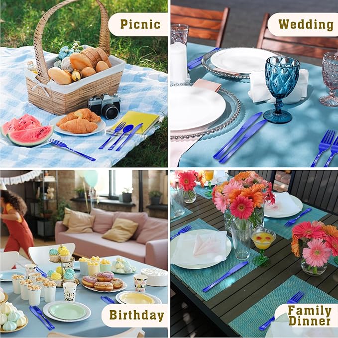 150 Pack Dark Blue Plastic Silverware, Blue Plastic Utensils Heavy Duty, 50 Forks, 50 Knives, 50 Spoons for Birthday, Graduation, Memorial Day, Flag Day, 4th of July