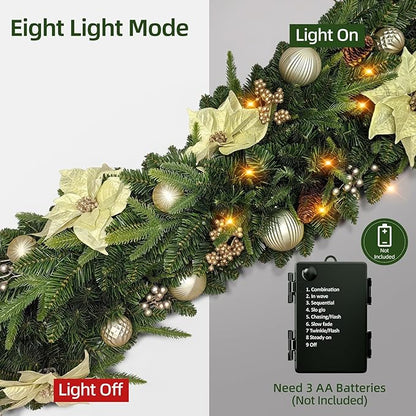 Pre-lit 9 FT LED Christmas Garland with Gold Flower and Berries, Multi-Function Christmas Garland with 50 Warm White LED Lights for Mantle Fireplace Staircase Porch Decor