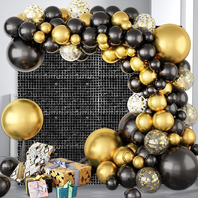 48 PCS Black Shimmer Wall Backdrop, Square Sequin Photo Backdrops Panel, Glitter Wall Background for Birthdays, Weddings, Halloween, Engagements, Disco Bachelorette Party Decoration (6FTx8FT)