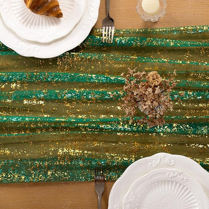 Green Gold Table Runner Sheer Gauze Cheesecloth Runner 120 Inch Glitter Wedding Anniversary Party Decor for Dining Table Home Celebration